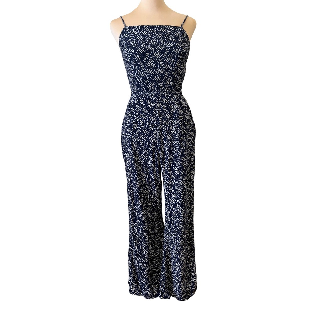Stone Cold Fox Jumpsuit Size 2 Navy Blue Leaf Print Open Back Wide Leg Boho